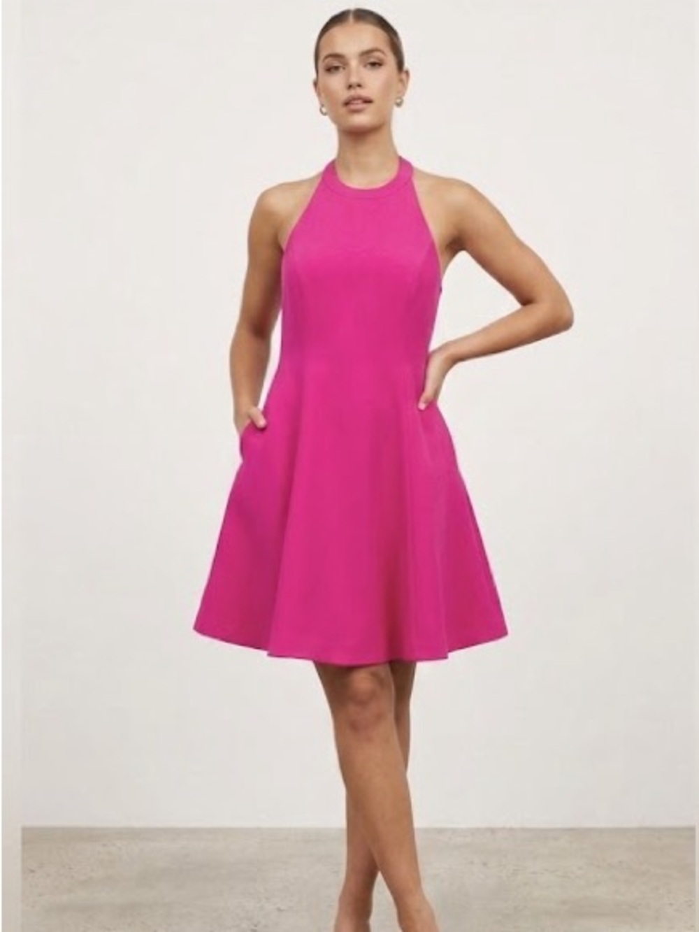 Keepsake the Label / hot pink fuchsia halter flare dress barbiecore Large L